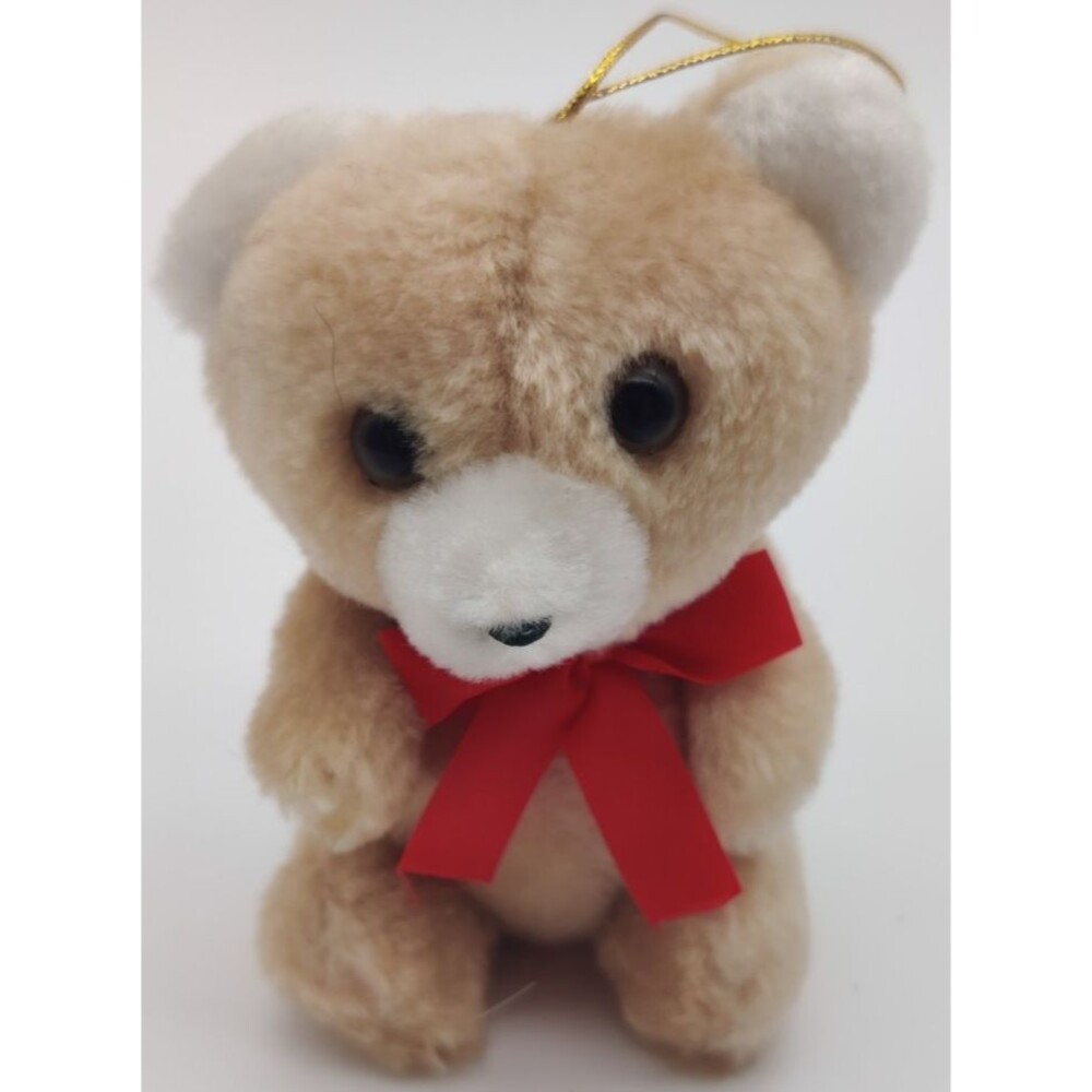 Mini 3" Teddy Bear Ornament Plush Tan Bear Red Ribbon Hanging Decor